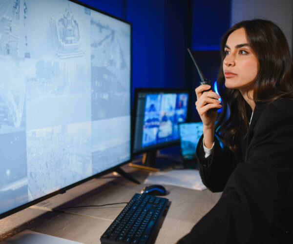 Security officer using walkie talkie monitoring surveillance system